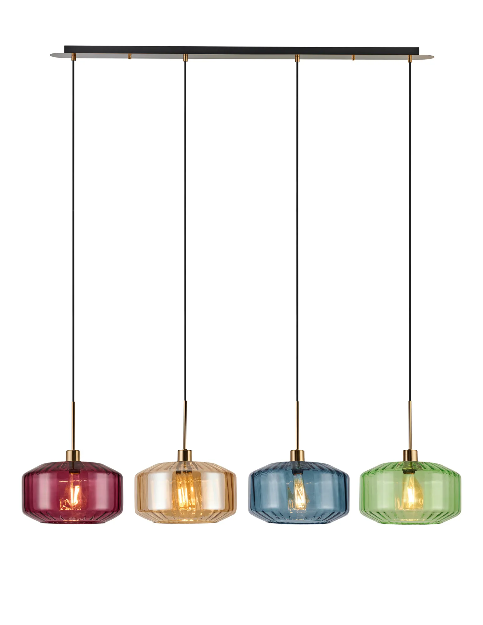 DK1231  Lori Linear Pendant, 4 Light Adjustable E27, Antique Gold/Amber/Blue/Green/Purple Chamfered Round Rippled Shades